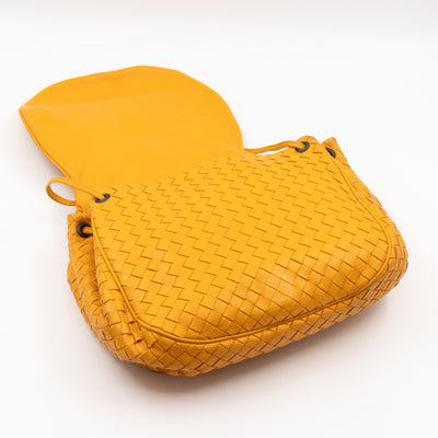 Drawstring Flap Crossbody Bag Intrecciato Yellow Leather