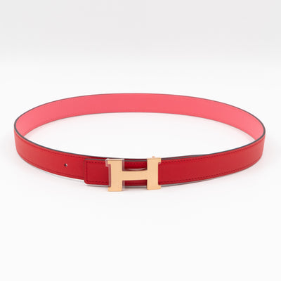 Mini Constance Buckle & Reversible Red and Rose Azalee Leather Belt 75 cm