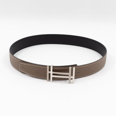 Au Carre Buckle & Reversible Etoupe and Black Leather Belt 85 cm