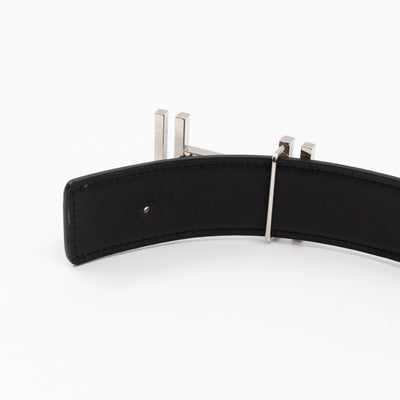 Au Carre Buckle & Reversible Etoupe and Black Leather Belt 85 cm