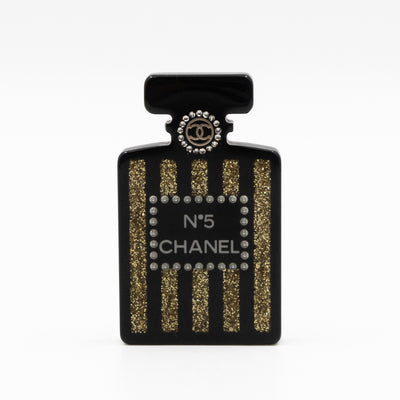 Resin Strass Perfume Bottle CC Brooch Black Gold
