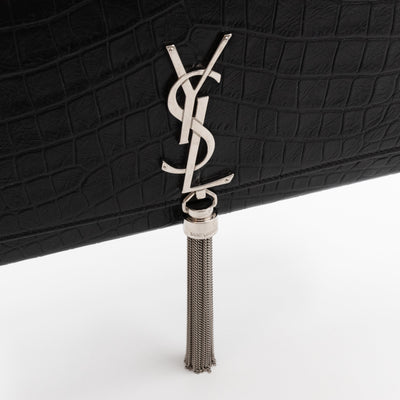 Kate Medium Tassel Black Croc Leather