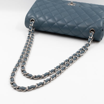Classic Double Flap Jumbo Dark Blue Lambskin Silver