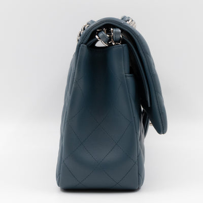 Classic Double Flap Jumbo Dark Blue Lambskin Silver