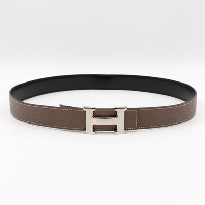 H Buckle & Reversible Etoupe and Black Leather Belt 90 cm