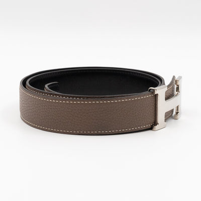 H Buckle & Reversible Etoupe and Black Leather Belt 90 cm