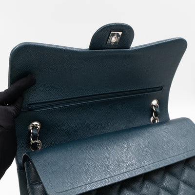 Classic Double Flap Jumbo Blue Caviar Silver