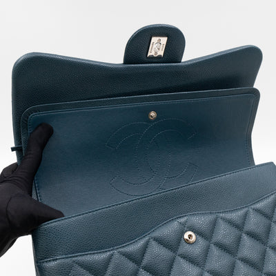Classic Double Flap Jumbo Blue Caviar Silver