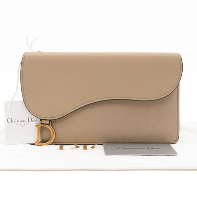 Large Saddle Flap Zipped Wallet Beige Leather