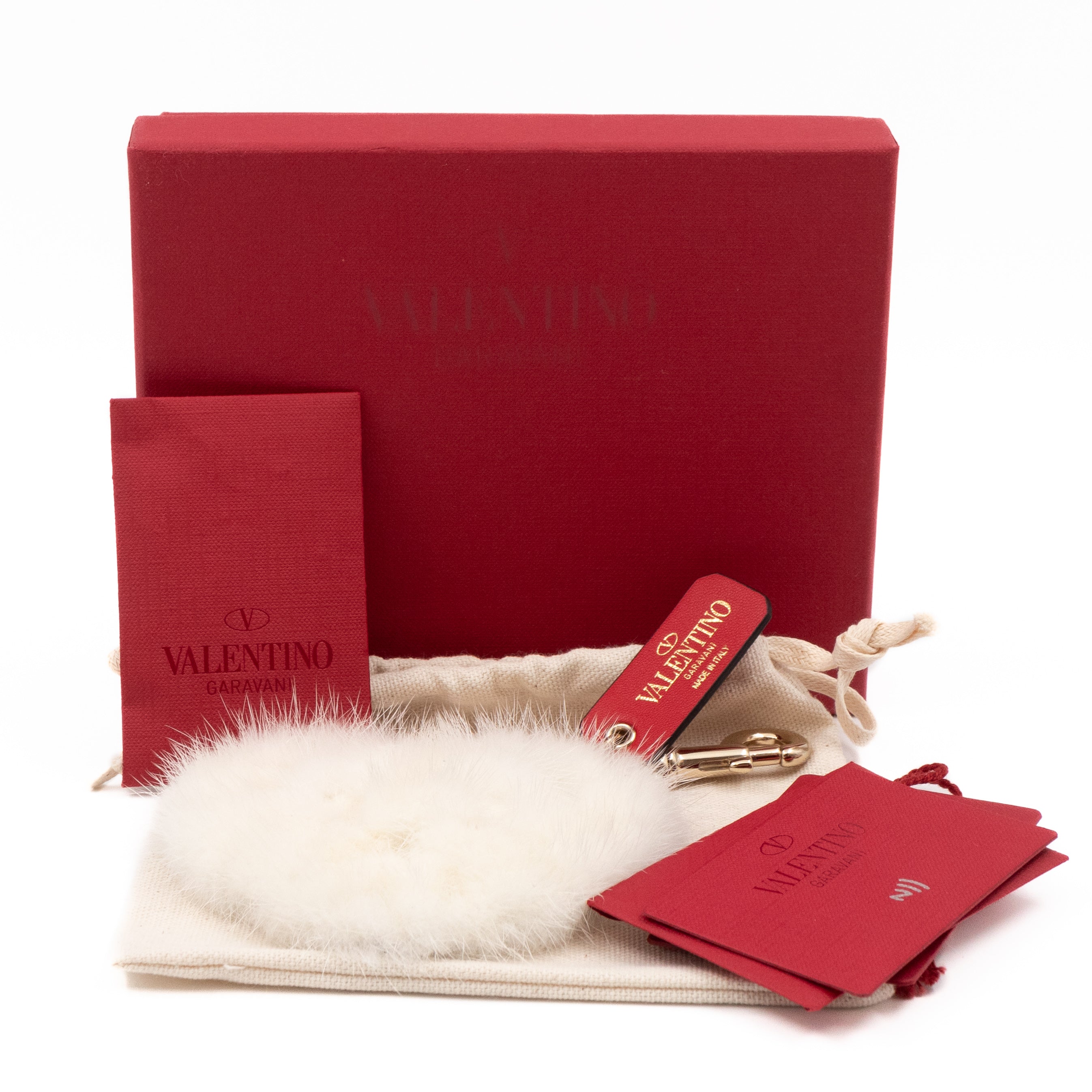 Rockstud Heart Bag Charm with Tags Leather and Fur White