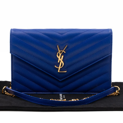 Cassandre Envelope Chain Wallet Blue Grained Leather