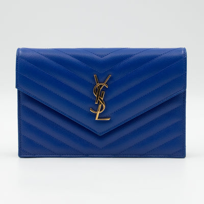 Cassandre Envelope Chain Wallet Blue Grained Leather