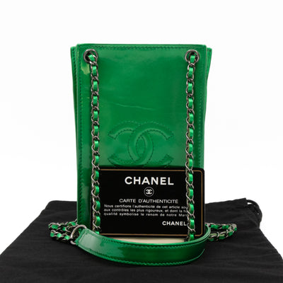 CC Phone Holder Crossbody Bag Green Metallic Patent Leather