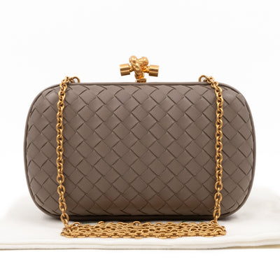 Knot Clutch with Chain Intrecciato Greige Leather