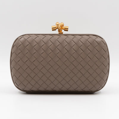 Knot Clutch with Chain Intrecciato Greige Leather