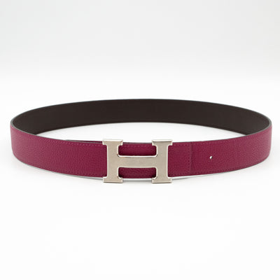 H Buckle & Reversible Purple and Brown Leather Belt 80 cm