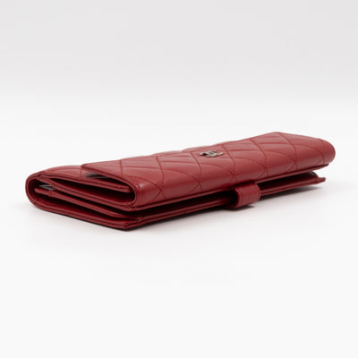 Long Trifold Flap Wallet Red Leather