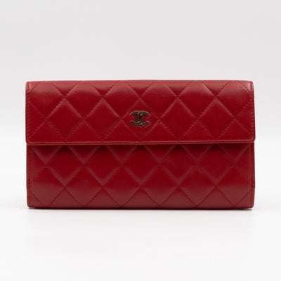 Long Trifold Flap Wallet Red Leather