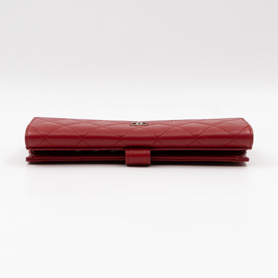 Long Trifold Flap Wallet Red Leather