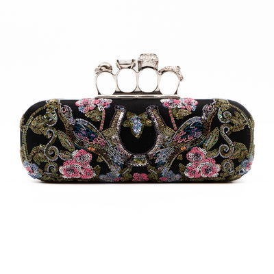 Long Skull Knuckle Clutch Black Silk Floral Embroidery
