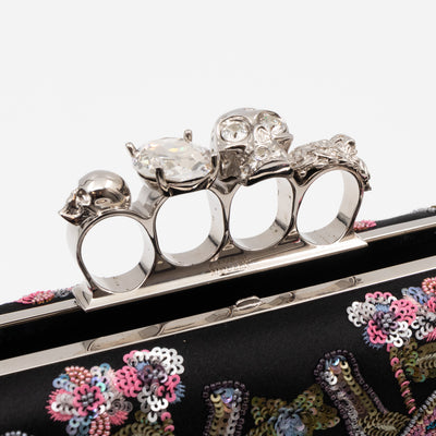 Long Skull Knuckle Clutch Black Silk Floral Embroidery
