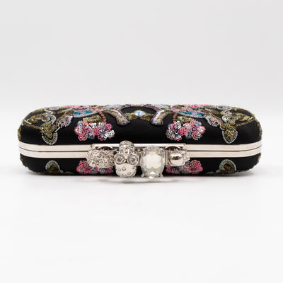 Long Skull Knuckle Clutch Black Silk Floral Embroidery
