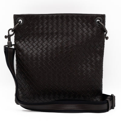Flat Messenger Bag Intrecciato Dark Brown Leather