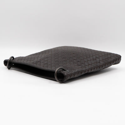 Flat Messenger Bag Intrecciato Dark Brown Leather