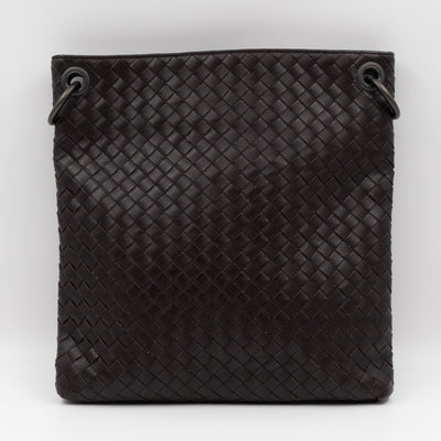 Flat Messenger Bag Intrecciato Dark Brown Leather