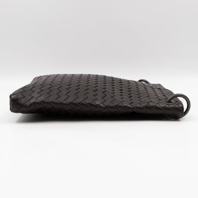 Flat Messenger Bag Intrecciato Dark Brown Leather