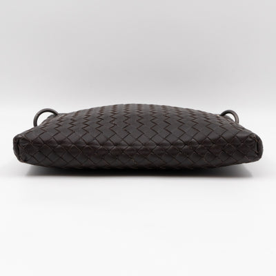 Flat Messenger Bag Intrecciato Dark Brown Leather