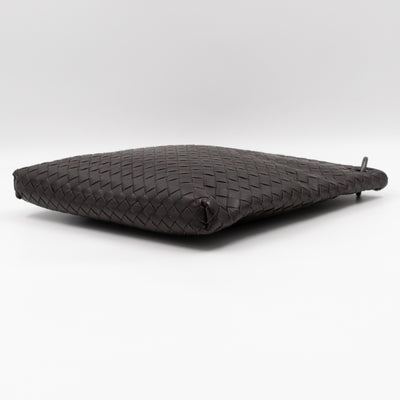 Flat Messenger Bag Intrecciato Dark Brown Leather