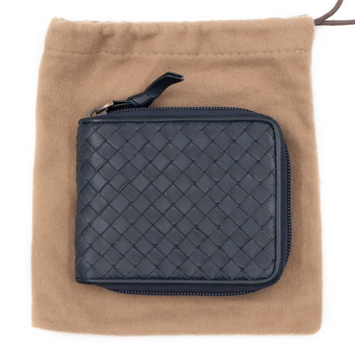 Zip Around Small Wallet Navy Intrecciato Leather