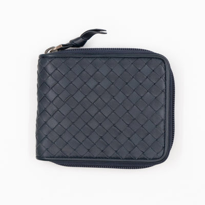 Zip Around Small Wallet Navy Intrecciato Leather