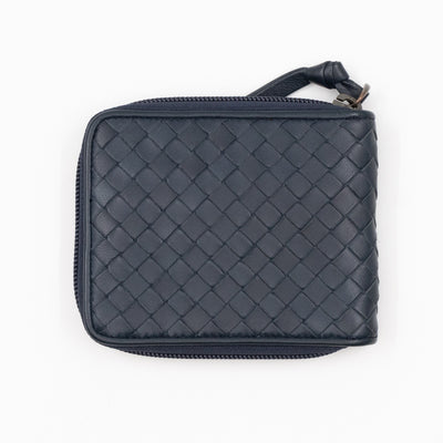 Zip Around Small Wallet Navy Intrecciato Leather