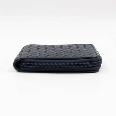 Zip Around Small Wallet Navy Intrecciato Leather