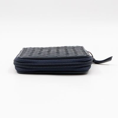 Zip Around Small Wallet Navy Intrecciato Leather