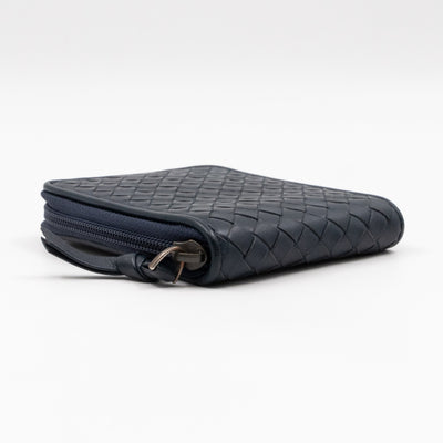 Zip Around Small Wallet Navy Intrecciato Leather