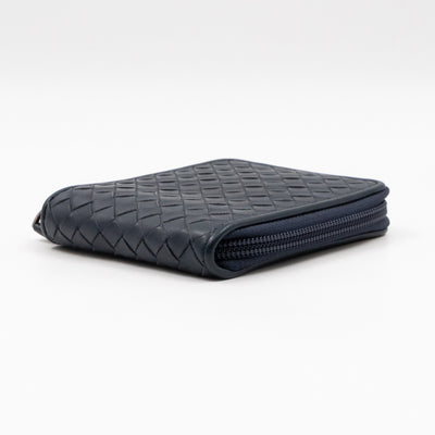 Zip Around Small Wallet Navy Intrecciato Leather