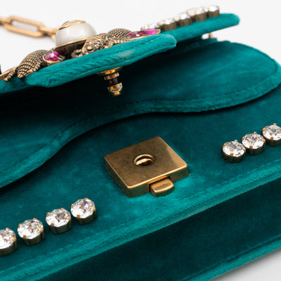 Broadway Mini Bee Pearly Crystal Embellished Shoulder Bag Turquoise Velvet