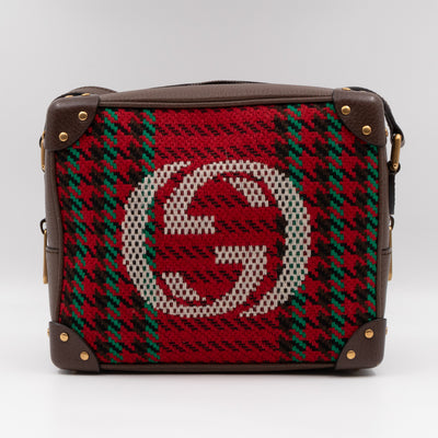 Houndstooth Woven Square Trunk Bag Brown Leather