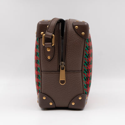 Houndstooth Woven Square Trunk Bag Brown Leather