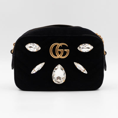 GG Marmont Mini Black Velvet Crystals