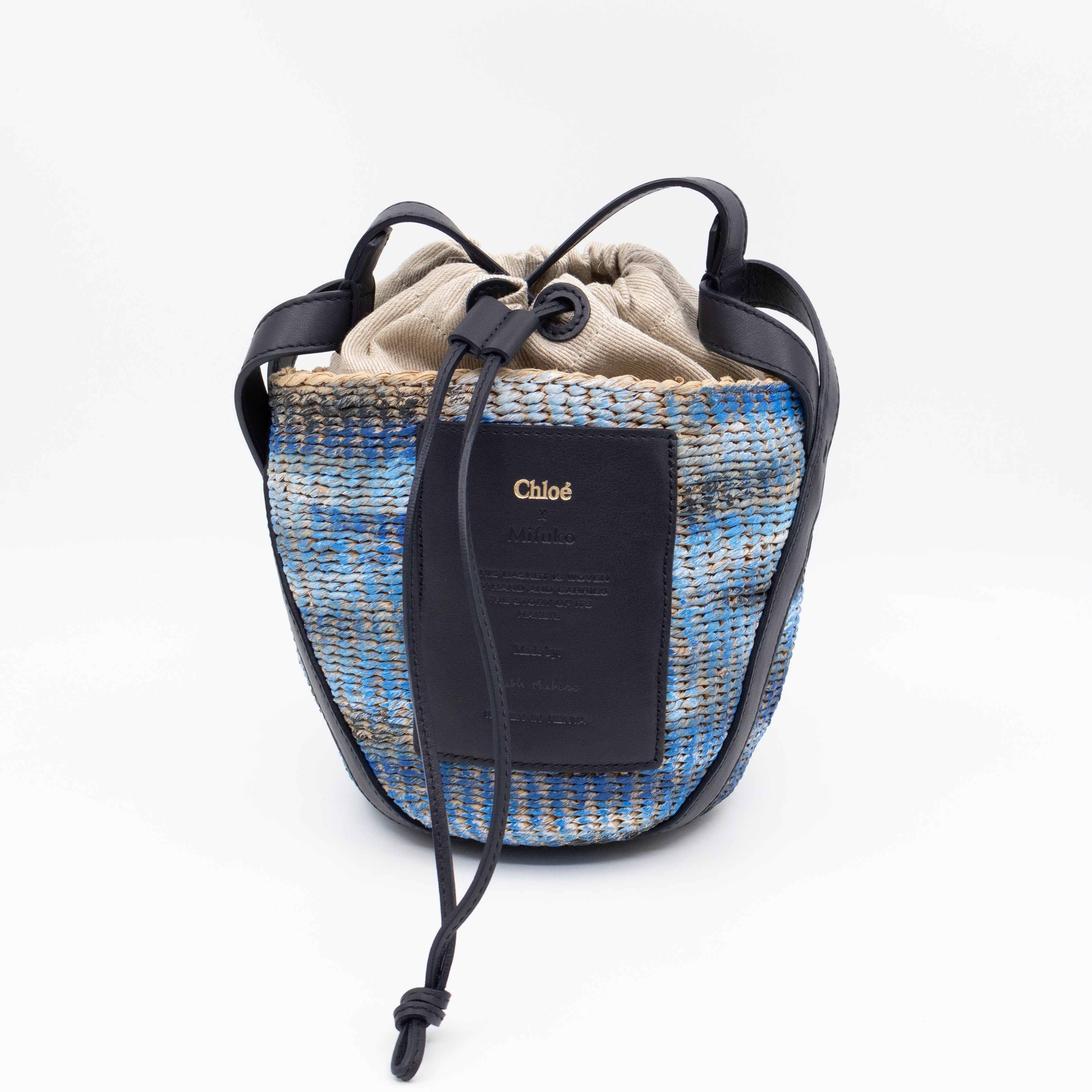 Tie-dye Linen Blue Raffia Bucket Bag