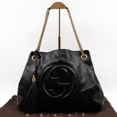 Soho Tassel Chain Tote Crumpled Black Patent Leather