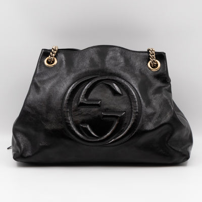 Soho Tassel Chain Tote Crumpled Black Patent Leather
