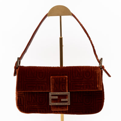Baguette Logo Embossed Crystal Bronze Velvet Leather