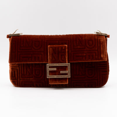 Baguette Logo Embossed Crystal Bronze Velvet Leather