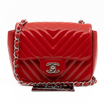 Classic Flap Mini Square Chevron Red Patent Leather