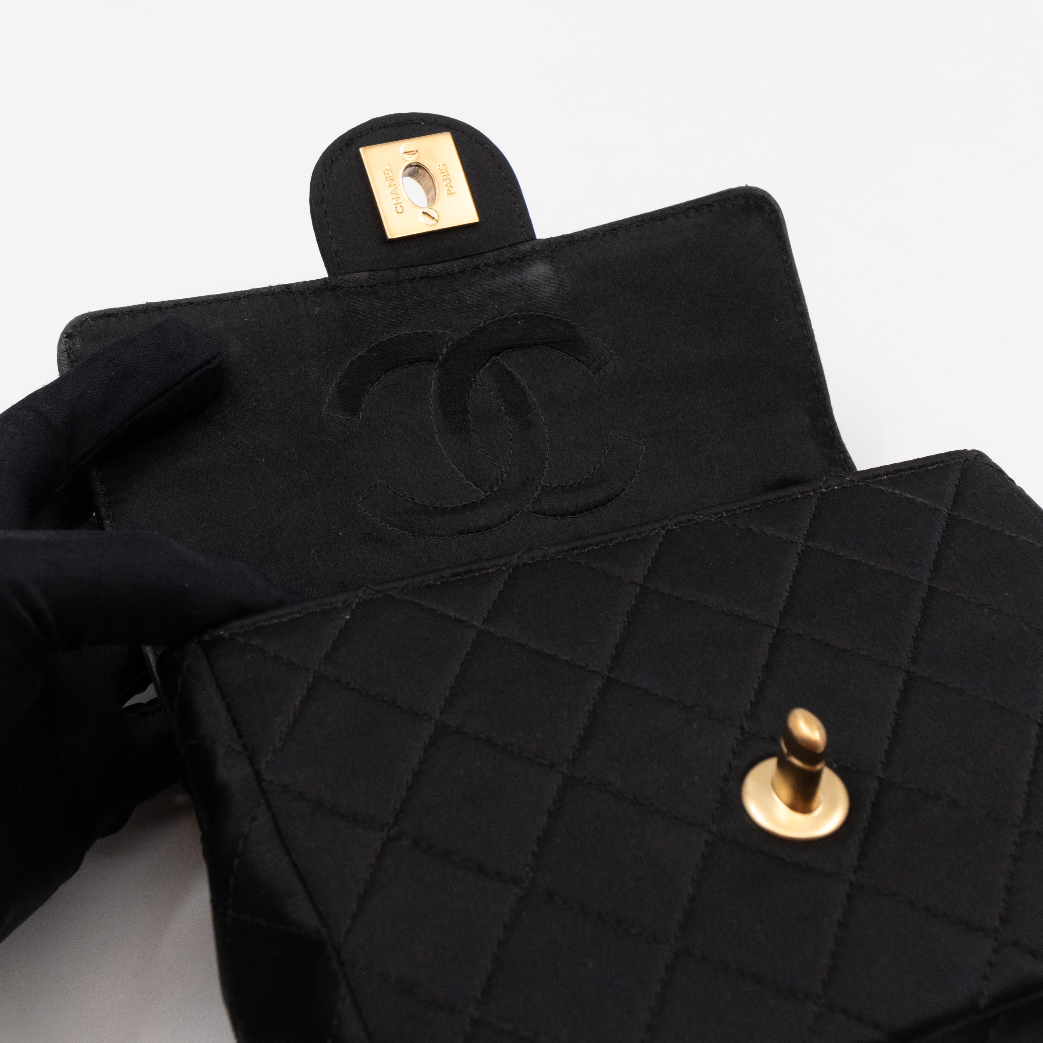 Classic Flap Mini Square Black Satin Vintage